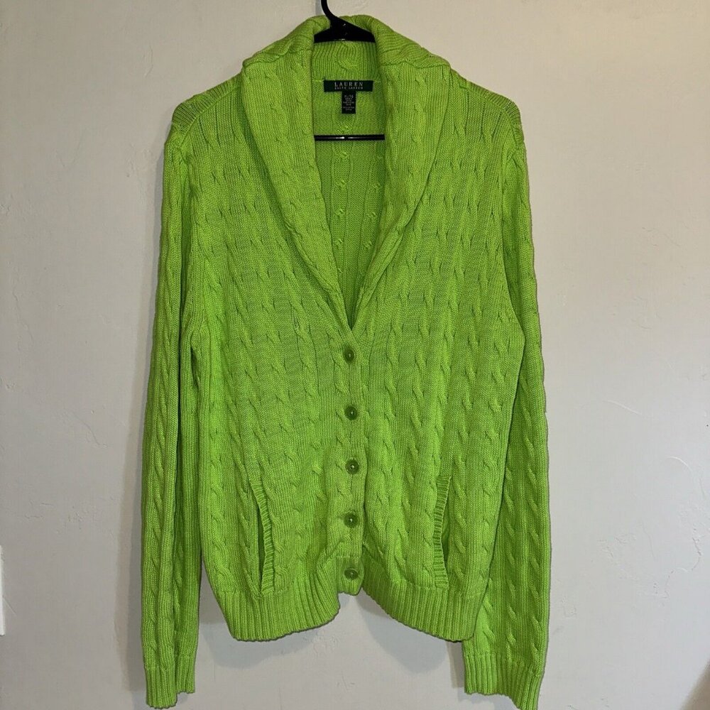 Lauren Ralph Lauren Lime Green Knit Cardigan Sweater Size XL 100% Cotton